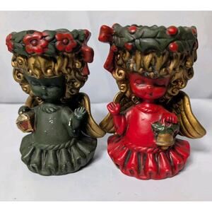 Vintage Red And Green Lefton Christmas Angel Votive Candle Holder 5" MCM Tag...